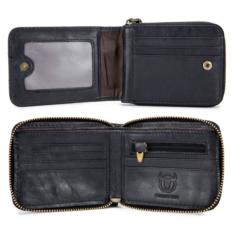 BULLCAPTAIN Mens Leather Wallet Zipper RFID Blocking Wallets Coins Purse
