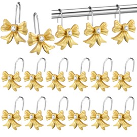 CroBlissful 12 Pcs Golden Bow Knot Shower Curtain Hooks Decorative Bow Shower Curtain Stainless Steel Resin Hooks Bulk Decorative for Home Bathroom Decor Supplies