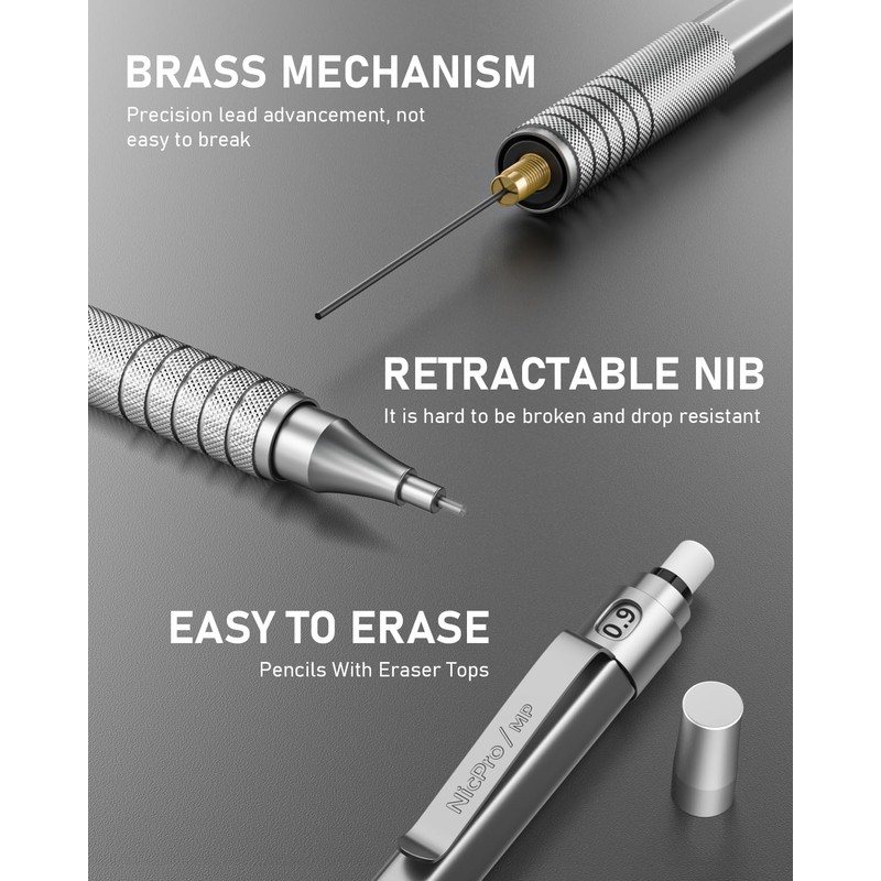 Nicpro 0.9 mm Mechanical Pencils Set, 3 Pieces Metal Automatic