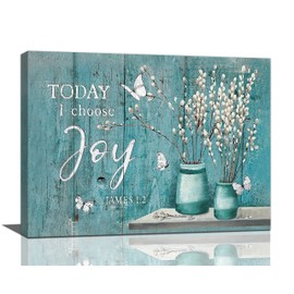 banonaty Farmhouse Teal Flower Wall Art Rustic Teal Floral Butterfly Pictures Wall Decor Country Today I Choose Joy Canvas Prints Artwork Home Decoration For Bathroom Bedroom Kitchen Framed 16''x12''