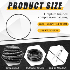 Frienda 1/8" x 1/8" 16ft Flexible Graphite Braided Compression Packing for Pump Valve or Mechanical Seal, Pump Gland or Valve Stem or Mechanical Seal (Black, 1/8" x 1/8", 16ft Length)