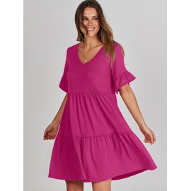 ANRABESS Dresses for Women Summer 2025 V Neck Ruffle Sleeve A Line Tiered Flowy Casual Trendy Mini Beach Dress with Pockets Rose Medium