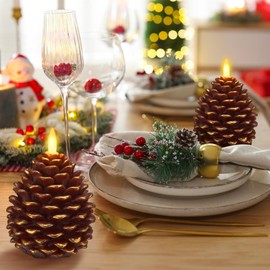 Honoson 6pcs LED Flameless Pine Cone Candles with Timer Battery Operated Flickering Wick Christmas Pine Cone Candles for Holiday Indoor Decoration, Brown