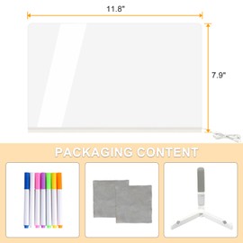 LED Note Board with Colors, Acrylic Light Up Dry Erase Board with Light, Led Writing Board with Stand, Glow Memo Message Board Magic Note Board Drawing Board Light Board with 7 Colors Pen,11.8 X 7.9in