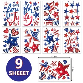 JarThenaAMCS 9 Sheets Patriotic Wall Stickers Watercolor 4th of July Window Decals Vintage Red White Blue Star Heart Room Mural Stickers for Independence Memorial Day Party Home Decor, 7.9 x 11.8 Inch