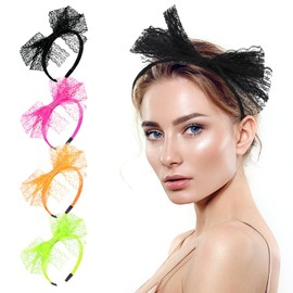 4 PCS Lace Bow Headband 1980s Cosplay Hair Hoop Large Bowknot Neon Lace Headband 80s Hair Accessories for Theme Party Women Girls Carnival Christmas Part Daily Decoration (Black+Pink+Green+Orange)