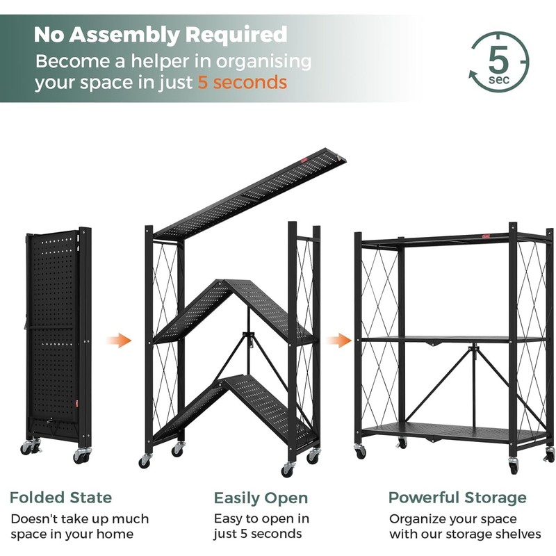 DEANIC 3 Tier Foldable Storage Shelves with Wheels, Kitchen Appliance