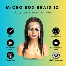 PIB 12'' Single Full Lace Micro Box Braid Wig - Knotless Braided Wigs for Black Women - Handmade Box Braided Wig with Pre-Plucked Hairline - Off Black and Light Brown #1B27