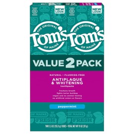 Tom's of Maine Fluoride-Free Antiplaque & Whitening Natural Toothpaste, Peppermint, 5.5 oz. (Pack of 2)