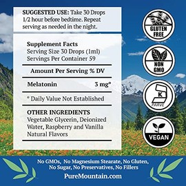 Gotas de melatonina líquida de 3 mg para adultos, sabor a bayas naturales, apoyo sublingual para dormir nocturno, sin azúcar, botella de vidrio, 59 po