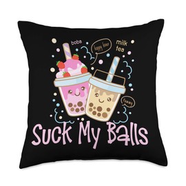 Pink Kawaii Boba Tea Apparel Suck My Balls Funny Throw Pillow