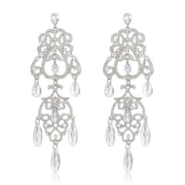 Clearine wunderschöne glänzende Strasssteine Tropfen Cluster Herzform Kronleuchter lange baumeln Ohrringe für Damen Hochzeit Partei Prom Schmuck Klar Silber-Ton