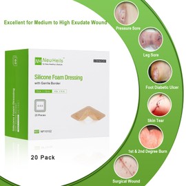 NeuHeils Silicone Foam Dressing with Gentle Border 4''x4'', 20 Pack for Bed Sore Leg Ulcer, High Absorbency Large Waterproof Silicone Wound Bandage