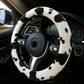 ALEMODR Plush Cow Print Steering Wheel Cover Fluffy Winter Warm Universal 15 inch for Women Girls
