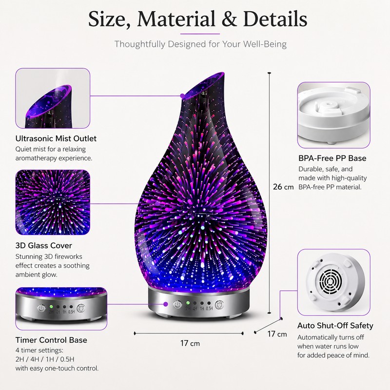 Ultrasonic Essential Oil Diffuser for Bedroom Ambiance – 3D Glass