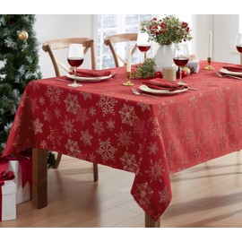 Newbridge Fancy Metallic Snowflake Christmas No-Iron Soil Resistant Fabric Holiday Tablecloth, Sparkling Snowflakes Lurex Woven Easy Care Tablecloth, 60 Inch x 144 Inch Oblong/Rectangle, Red/Gold
