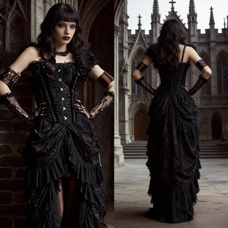 Women's Steampunk Gothic Black Lace Long Skirts