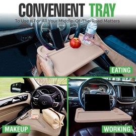 lebogner lebogner Steering Wheel Tray, Car Tray for Eating, Hook On Steering Wheel Desk for Food, Laptop and Car Accessories, Car Road Trip Must Haves Gadgets Car Table (Beige, with Tablet Slot)