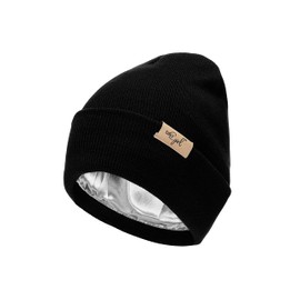 Curly Girl - Gorro de punto con forro de satén para mujer, acrílico, para invierno, suave, cálido, unisex, con puños, Negro -, Talla única