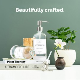 Vine Creations Clear Glass Soap Dispenser, 2 Pack Kitchen Soap Dispenser Set with Stainless Steel Pump, 16 oz Hand Soap or Dish Soap for Bathroom or Kitchen with Waterproof Labels