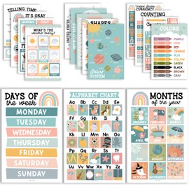 Hadley Designs 16 Educational Posters for Toddlers 1-3, Laminated Toddler Learning Posters for Preschool & Kindergarten, ABC Chart, Numbers, Colors, Shapes, Days of The Week, Boho Classroom Decor