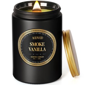 AOOVOO Scented Candles for Men - Large 22oz 120 Hours of Burn Time, Smoke & Vanilla Candles for Home Scented | Crackling Wood Wick Soy Candle | Strong Fragranced Black Candle Gift for Women & Men