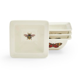 Portmeirion Botanic Garden Harmony 4" Square Dishes- Set of 4 | Assorted Butterfly Motif | Porcelain | Dishwasher Safe, Microwave Safe, Freezer Safe | For Dip, Garnishes, and Snacks