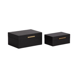 Kate and Laurel Namina Decorative Vegan Leather Storage Box Set of 2; 8 x 5 and 10 x 7; Black and Brass; Modern Glam Two-Piece Box Set with Handles for Use as Jewelry Boxes or Perfume Organizers