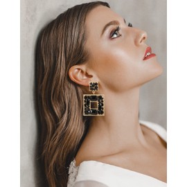 Canboer Black Vintage Rhinestone Square Statement Dangle Earrings Trendy Crystal Geometric Drop Earrings Hypoallergenic Jewelry for Women Party