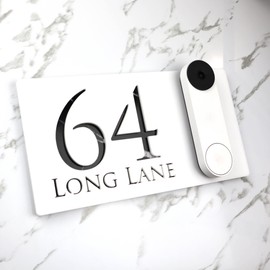 K Smart Sign | Left Text F32 | Bellissima Video Doorbell house sign door number plaques for Nest Ring Wifi doorbell plate mount | Matt White | 300mm x 160mm (Matt White & Black Marble Effect)