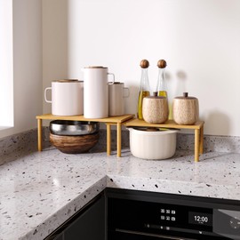 VERTORGAN Cabinet Organizer Shelf, Set of 2 Kitchen Counter Shelves, Bamboo Spice Rack, Stackable, Expandable, Spice Rack for Countertop and Cabinet,Kitchen Organizer and Storage Shelf(Large)