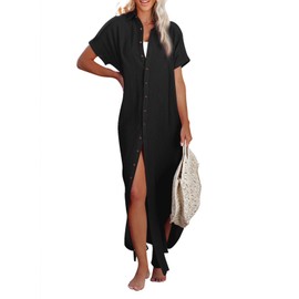 Herseas Beach Dresses for Women 2025 Vacation Casual Short Sleeve Side Split Button Down Long Kimonos Cardigans Bathing Suit Cover Ups Resort Outfits Black Medium 8 10