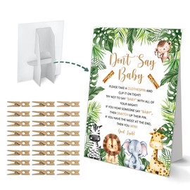 Don't Say Baby Clothespin Game, Jungle Safari Baby Shower Game, One 8x11 Sign and 50 Mini Natural Clothespins, Gender Neutral, Baby Shower Decoration - MJZ06