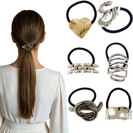 6PCS Metal Geometric Hair Ties for Women Girls, Elegant Elastics Ponytail Hair Scrunchies for Long Thick Silver Fashion Hairband Non-Damage Hair Accessories