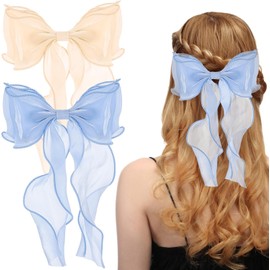Hair Bow Clips 2 PCS Hair Ribbons Clip Long Tail Silk Hair Bows Barrettes Stylish Elegant Bow-knot Hairpin Metal Nonslip Claw Clips Vintage Hair Accessories for Women Girls (Blue+Beige, One size)