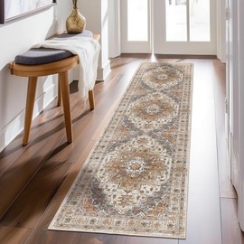 Madane Runner Rug 2x8, Washable Hallway Runner Rugs, Non-Slip Low-Pile Soft Kitchen Rug Runner Laundry Room Rug, Vintage Throw Entry Foyer Mat for Entrance Living Room (Turmeric/Grey, 2 x 8)
