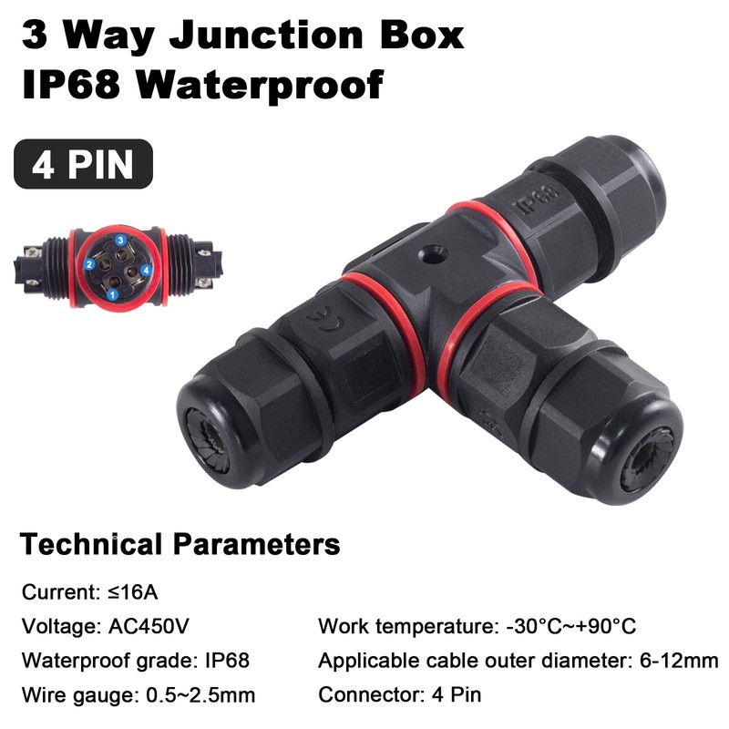 Danfetsoy Waterproof Junction Box 3 Way, 4pin Junction Box Outdoor