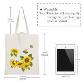 CREATCABIN Cotton Canvas Tote Bag Sunflower Bee Bags Women Grocery Funny Handbags Reusable Eco-Friendly DIY Craft Multi-Function Pouches for Crafts Travel School Shopping Groceries 13.3x15 inch