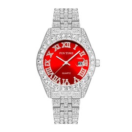 PINTIME Iced Out Quartz Watch for Men Women Unisex Luxury Diamond Hip Hop Rhinestone Sliver Watch Wristwatch Male Female Clock - Color: silver