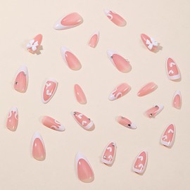 Valentine's Day Press on Almond Nails-24Pcs Artificial French Tips White False Nails with Heart Bow Designs Heart Glossy Full Cover Medium Acrylic Fake Nails Glue Stick on Fingernails for Women Girls
