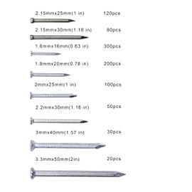OMOTOOL Steel Nails Set (900 Pieces), Galvanised Concrete Nails for Hanging Pictures and Woodworking, Picture Nails Suit for Drywall and Pine, 8 Sizes Steel Picture Nails Set