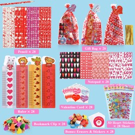AOJOYS Valentines Gifts for Kids - 28 Pack Assorted Valentines Stationery set Valentines Cards Valentines Pencils Erasers Notepads, Valentine Treat Bags Goodie Bags Fillers Valentines favor for kids