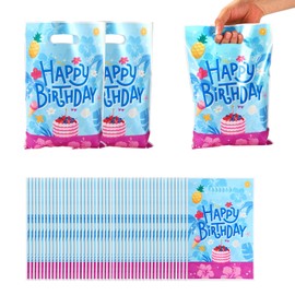 SAVITA 50pcs Birthday Party Gift Bags, Colorful Cartoon Theme Goodie Bags with Handles Reusable Hawaiian Birthday Party Favor Candy Snack Gifts Pouch for Kids Baby Shower