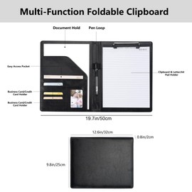 Black Portfolio Organizer, Leather Portfolio for Men, Business Binder with Pen Holder, Resume Portfolio Folder, Clipboard Folder for Notebook, Padfolio Clipboard Included Pen and Notepad (Black)