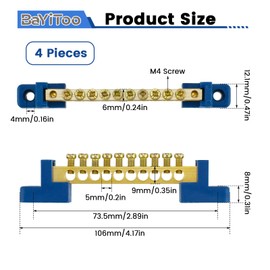 BaYiToo 4 Pcs Ground Bus Bar Terminal Block, 10 Positions Brass Wire Screw Terminal Block for Power Distribution Cabinet Lighting Box (Blue)