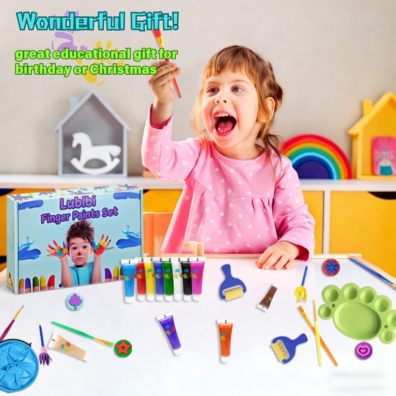 Lubibi Kids Washable Finger Paint Set，Non-Toxic 12 Colors Art Painting