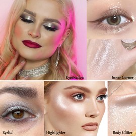 Afflano Shimmery White Glitter Eyeshadow, Highly Pigmented Single White Eyeshadow Sparkly Eye Makeup, Long Lasting Holographic Bling Korean Eyes Face Highlighter Makeup, Cruelty Free,Talc Free, 1A