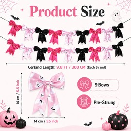 2 Strings Halloween Bow Garland 9.8Ft Pink Black Fabric Bow Banner Decor