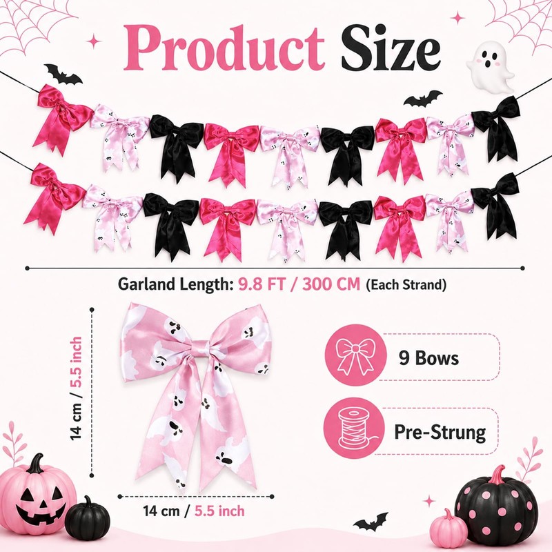 2 Strings Halloween Bow Garland 9.8Ft Pink Black Fabric Bow