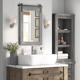 COGOOD Farmhouse Bathroom Mirror - 42 x 29 Rustic Barn Door Style Mirror for Living Room, Entryway, Vanity Wall Decor (Grey)